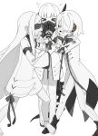  >_< 3girls absurdres ame_miya_ta barefoot black_shoes blindfold blue_archive blunt_bangs blush cheek_pinching cheek_pull commentary_request dress ein_(blue_archive) flying_sweatdrops full_body gas_mask hair_over_one_eye headgear headphones highres long_hair long_sleeves looking_at_another mask mechanical_tail medium_hair multiple_girls ohr_(blue_archive) open_mouth peanut_mouth pinching shoes simple_background sof_(blue_archive) spot_color standing symbol-shaped_pupils tail very_long_hair white_background white_dress white_hair x-shaped_pupils yellow_eyes 