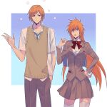  1boy 1girl bag blazer bleach blue_necktie bow bowtie breasts brown_eyes brown_sweater_vest cowboy_shot genderswap genderswap_(ftm) genderswap_(mtf) grey_jacket grey_pants grey_skirt hair_between_eyes hair_ornament hand_in_pocket hand_on_own_hip hand_up highres holding holding_bag holding_behind_back inoue_orihime jacket karakura_high_school_uniform kurosaki_ichigo large_breasts long_hair long_sleeves looking_at_another necktie open_mouth orange_hair pants parted_lips pleated_skirt red_bow red_bowtie school_bag school_uniform shirt short_hair shoulder_bag simple_background skirt smile snowflake_hair_ornament sweater_vest thighhighs two-tone_background untucked_shirt very_long_hair white_shirt white_thighhighs zangjun zettai_ryouiki 