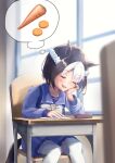  1girl animal_ears aoniyoshi blush bow bowtie braid brown_hair carrot chair closed_eyes commentary_request desk drooling half_up_braid head_rest highres horse_ears horse_girl horse_tail imagining multicolored_hair on_chair open_mouth paper pencil_case pleated_skirt purple_sailor_collar purple_serafuku purple_shirt purple_skirt sailor_collar sailor_shirt saliva school_desk school_uniform serafuku shirt short_hair sitting skirt sleeping special_week_(umamusume) speech_bubble tail thighhighs thought_bubble tracen_school_uniform two-tone_hair umamusume white_bow white_bowtie white_hair white_thighhighs window 
