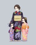  3girls age_difference alternate_costume banyuan_(semi_shino) black_hair black_kimono brown_hair brown_sandals butterfly_hair_ornament child closed_mouth commentary_request floral_print floral_print_kimono full_body grey_background hair_ornament height_difference highres japanese_clothes kimetsu_no_yaiba kimono kochou_kanae kochou_shinobu long_hair long_sleeves looking_at_another looking_down looking_up mother_and_child mother_and_daughter multicolored_hair multiple_girls no_pupils open_mouth orange_sash parent_and_child parted_bangs pink_eyes pink_kimono print_kimono pulling_another's_clothes purple_eyes purple_kimono purple_streaks sandals sash short_hair siblings signature simple_background sisters smile socks standing streaked_hair tabi tamayo_(kimetsu_no_yaiba) updo white_socks yellow_sash 