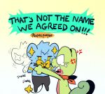 2021 angry annoyed black_body black_fur blue_body blue_fur bodily_fluids bow_tie cross-popping_vein duo english_description english_text fur generation_3_pokemon generation_4_pokemon green_body half-closed_eyes narrowed_eyes nintendo open_mouth pokemon pokemon_(species) pokemon_mystery_dungeon red_scarf scarf shinx spike_chunsoft tears text thatlazyrat tongue tongue_out treecko yellow_bow_tie yellow_eyes