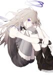  1girl absurdres ahoge arknights black_boots boots brown_hair commentary_request detached_wings earclip energy_wings full_body highres hugging_own_legs illililli1226 knee_pads leg_brace long_hair looking_at_viewer multiple_halos ophanim_halo purple_eyes simple_background single_knee_pad solo vannini_(arknights) white_background wings 