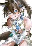  1boy absurdres akome_2022 alternate_hair_length_(longer) animal_ear_fluff animal_ears arms_between_legs blue_eyes blue_gem blue_headband blurry blurry_background blush brown_hair clothing_cutout collar commentary_request covered_nipples cowboy_shot detached_sleeves fangs floating_hair foreshortening from_above garu_(ethereal_guardian)_(nu_carnival) garu_(nu_carnival) gem glint head_tilt headband high_ponytail highres hunched_over light_particles long_hair long_sleeves looking_at_viewer male_focus midriff nu_carnival official_alternate_costume official_alternate_hairstyle open_mouth ponytail raised_inner_eyebrows ribbon scar scar_on_face scar_on_nose shoulder_cutout sitting skirt solo sparkle spiked_collar spikes sweat tail underpec very_long_hair white_ribbon white_skirt wolf_boy wolf_ears wolf_tail 