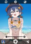  1boy 1girl absurdres alternate_breast_size_(smaller) asymmetrical_sidelocks bare_arms bare_shoulders beach belle_(summer_skies)_(zenless_zone_zero) belle_(zenless_zone_zero) bikini bikini_under_clothes black_hat blue_hair blurry blush bottomless bracelet bucket_hat caustics censored collarbone commentary cowgirl_position crop_top crossed_bangs day depth_of_field double-parted_bangs earrings erection flat_chest flower flower_ornament girl_on_top green_eyes hair_ornament hairclip hat hetero highres jewelry layered_bikini looking_at_viewer low_twintails medium_hair midriff mismatched_earrings mosaic_censoring motion_lines mozako navel necklace ocean off-shoulder_shirt off_shoulder official_alternate_costume orange_bikini orange_flower outdoors penis pov pov_crotch pussy_juice sand see-through_clothes see-through_shirt sex shirt short_twintails sidelocks solo_focus sphere_hair_ornament straddling sweat swimsuit taking_picture tied_shirt twintails viewfinder zenless_zone_zero 