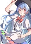  1girl absurdres black_hat blue_hair blue_skirt bow bowtie center_frills commentary_request frilled_skirt frills hat highres hinanawi_tenshi long_hair rainbow_order red_bow red_bowtie saimu_taju short_sleeves sidelocks simple_background skirt solo touhou white_background 