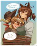  2girls agnes_tachyon_(umamusume) ahoge alternate_costume animal_ears bandana bandana_around_neck between_breasts blush boro^2 bound breasts brown_hair brown_vest commentary cowboy_hat english_commentary english_text face_between_breasts fang green_vest grey_shirt hair_between_eyes hair_ribbon hat head_between_breasts highres horse_ears horse_girl jungle_pocket_(umamusume) large_breasts long_sleeves medium_hair monocle multiple_girls open_mouth plaid_clothes plaid_shirt ponytail red_bandana red_eyes ribbon rope shirt smile speech_bubble tied_up_(nonsexual) umamusume vest yellow_eyes 