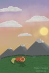  ambiguous_gender cloud detailed_background eeveelution eyes_closed feral flareon fur generation_1_pokemon grass hair hi_res lying mountain nintendo on_grass on_ground orange_body orange_fur orange_sky pink_sky plant pokemon pokemon_(species) shadow sky sleeping snow solo star sun sunset tail tan_body tan_fur tan_hair tan_tail tigertriesart tree water watermark 