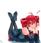  1girl ahoge ass black_shirt black_skirt black_sleeves buttons detached_sleeves dirtydanreborn double-parted_bangs drill_hair full_body hair_between_eyes head_on_hands heart highres kasane_teto kasane_teto_(utau) looking_at_viewer loving_aura lying on_stomach pleated_skirt red_eyes red_hair red_trim shirt sidelocks simple_background skirt sleeveless sleeveless_shirt soles solo the_pose thighhighs twin_drills utau white_background wing_collar 
