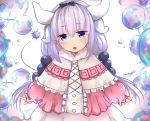  1girl absurdres black_bow blue_eyes blush bow dress hair_bow hairband head_tilt highres horns jitome kanna_kamui kobayashi-san_chi_no_maidragon long_hair looking_at_viewer low_twintails multicolored multicolored_eyes neonbeat parted_lips pink_dress purple_eyes purple_hair skirt solo standing tail twintails upper_teeth white_skirt 