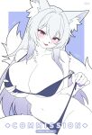  1girl animal_ear_fluff animal_ears animal_nose artist_name bikini bikini_bottom_lift bikini_top_lift blue_background blue_bikini border breasts cleavage clothes_lift commentary commission cowboy_shot english_commentary fangs fox_ears fox_girl fox_tail furry furry_female grabbing_own_breast gradient_hair heart highleg highleg_bikini highres large_breasts long_hair mo_(k40633) motion_lines multicolored_hair open_mouth original orpheus_(lucifer) plump purple_eyes purple_hair purple_nails sidelocks signature smile snout solo swimsuit tail tail_wagging teeth thighs very_long_hair white_border white_fur 