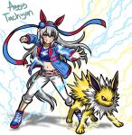  1girl aggytachyon animal_ears belt blue_boots blue_eyes blue_hairband blue_jacket blue_sports_bra blush boots breasts clenched_hand collarbone commentary ear_covers electricity english_commentary fingerless_gloves gloves grey_hair grey_tail grin hair_between_eyes hairband headband highres horse_ears horse_girl horse_tail jacket jolteon lightning_bolt_print lightning_bolt_symbol long_hair long_sleeves midriff multicolored_hairband navel open_mouth outstretched_arm pants pokemon pokemon_(creature) red_belt red_headband small_breasts smile sports_bra striped_clothes striped_hairband tail tamamo_cross_(fast_as_lightning)_(umamusume) tamamo_cross_(umamusume) teeth two-tone_hairband umamusume very_long_hair white_pants 