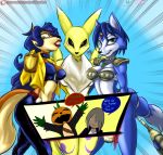  anthro blue_body blue_eyes blue_fur blue_hair breasts canid canine carmelita_fox digimon digimon_(species) female food fox fruit fur gem green_eyes hair hi_res human jngart krystal lips mammal markings nintendo plant pumpkin purple_markings renamon signature sly_cooper_(series) sony_corporation sony_interactive_entertainment star_fox sucker_punch_productions tuft video_games yellow_body yellow_eyes yellow_fur 