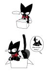 anthro big_breasts black_body black_clothing black_fur black_tail black_topwear black_vest blush bodily_fluids bottomwear bow_tie box breast_squish breasts cheek_tuft cleavage clothed clothing collared_shirt container dialogue domestic_cat dress_shirt ellipsis eye_scar facial_scar facial_tuft felid feline felis female fur grey_bottomwear grey_clothing grey_shorts inside_box lagomorph leaning leaning_forward leporid male mammal one_breast_out rabbit red_bow_tie sabgong safety_pin safety_pin_in_ear scar shirt shorts squish stiff_tail sweat tail text topwear tuft uniform vest vincent_(sabgong) vingo_(sabgong) white_clothing white_shirt white_topwear white_undershirt