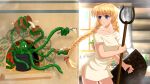  1girl 1other blonde_hair braid breasts cauldron collarbone cthulhu cup curtains dress_shirt hair_ribbon highres holding holding_cup holding_lid indoors lid long_hair original orika_nekoi oven plate pouring red_ribbon ribbon shirt slavya-chan tentacles twin_braids twintails window wooden_wall yellow_shirt 