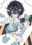  1girl aegyo_sal bird black_eyes black_hair bleeding blood blue_shirt blue_shorts blunt_bangs bob_cut breasts cleavage cuts feet_out_of_frame finger_to_mouth hair_between_eyes hair_ornament highres injury leg_warmers looking_at_viewer original print_shirt self-harm shirt shorts solo striped_leg_warmers thigh_cutting too_many_hair_ornaments watakushi_36 wrist_cutting x_hair_ornament 