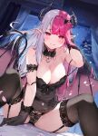 1girl babydoll bat_hair_ornament black_babydoll black_gloves black_panties black_thighhighs blush breasts cleavage commentary_request demon_girl demon_horns demon_tail demon_wings detached_collar garter_belt garter_straps gloves hair_ornament hand_in_own_hair horns lace_trim large_breasts licking_lips long_hair looking_at_viewer miyase_mahiro multicolored_hair on_bed original panties pink_eyes pink_hair pointy_ears sitting solo spread_legs tail thighhighs tongue tongue_out two-tone_hair underwear white_hair wings 