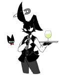 accessory adjusting_tie anthro black_body black_clothing black_fur black_tail black_topwear black_vest blush bottomwear bow_tie cheek_tuft clothing collared_shirt container cup domestic_cat dress_shirt drinking_glass duo eye_scar facial_scar facial_tuft felid feline felis female fingers fur glass glass_container glass_cup grey_bottomwear grey_clothing grey_necktie grey_pants holding_tray lagomorph leporid male mammal necktie pants rabbit red_bow_tie sabgong safety_pin safety_pin_in_ear scar shirt standing tail topwear tuft uniform vest vincent_(sabgong) vingo_(sabgong) white_clothing white_shirt white_topwear white_undershirt wine_glass