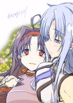  2girls ahoge armor artist_name asagi501 asuna_(sao) asuna_(sao-alo) bare_shoulders blue_dress blue_eyes blue_hair blush breastplate breasts closed_mouth collared_leotard commentary_request crying detached_sleeves dress flower_bed hair_intakes hair_ribbon hairband high_collar highres large_breasts leotard long_hair long_pointy_ears long_sidelocks looking_at_another looking_at_viewer looking_to_the_side lying messy_hair multiple_girls on_back one-armed_hug parted_bangs parted_lips pointy_ears purple_armor purple_hair purple_leotard red_eyes red_hairband red_ribbon red_trim ribbon sepia sidelocks sitting sleeveless sleeveless_dress small_breasts split_mouth sword_art_online tearing_up twitter_username two-tone_dress upper_body variant_set watermark white_background white_dress yellow_trim yuuki_(sao) 