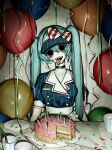  1girl aqua_hair balloon black_eyes black_mouth cake candle confetti cup daddyxxxk disposable_cup drill_hair drinking_straw food hatsune_miku highres indoors knife mesmerizer_(vocaloid) plate sharp_teeth shirt solo striped_clothes striped_shirt table teeth tongue twin_drills twintails visor_cap vocaloid weirdcore 