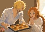  1boy 1girl bleach blonde_hair bread curly_eyebrows divya_000007 facial_hair food goatee hair_over_one_eye highres inoue_orihime mustache_stubble one_piece sanji_(one_piece) smile stubble 