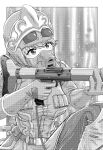  1girl absurdres aiming belt belt_pouch border breasts commentary_request covered_mouth dress elbow_gloves finger_on_trigger gloves greyscale gun gun_sling highres holding holding_gun holding_weapon kaze_no_tani_no_nausicaa mask medium_breasts monochrome nausicaa outside_border pouch rebreather solo weapon yukion 