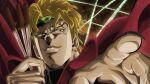  2boys anime_coloring araki_hirohiko_(style) black_nails black_shirt blonde_hair cape coat commentary derivative_work dio_brando ear_birthmark earrings english_commentary evil_grin evil_smile green_coat green_headband grin hatching_(texture) headband hierophant_green highres holding holding_knife jewelry jojo_no_kimyou_na_bouken kakyoin_noriaki knife male_focus multiple_boys official_style orange_eyes pointing pointing_at_viewer portrait red_cape shirt shrimpify131 smile solo_focus stardust_crusaders turtleneck turtleneck_shirt 