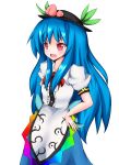  1girl black_hat blue_hair blush bow commentary_request food fruit hand_on_own_hip hat highres hinanawi_tenshi krace large_variant_set long_hair long_sidelocks open_mouth peach puffy_short_sleeves puffy_sleeves red_eyes short_sleeves sidelocks simple_background smile solo standing touhou transparent_background v-shaped_eyebrows variant_set very_long_hair 