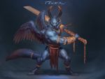  2020 4:3 anthro biceps canid canine canis chain claws clothed clothing digital_media_(artwork) feathered_wings feathers fingers fur hi_res holding_object holding_sword holding_weapon horn looking_at_viewer male mammal melee_weapon muscular muscular_male simple_background solo standing sword taran_fiddler weapon wings wolf 