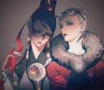  2girls amulet bayonetta bayonetta_(character) beehive_hairdo black-framed_eyewear black_hair blue_eyes candy chain collarbone crescent crossed_arms dated earrings eyeshadow eyewear_on_head food glasses gloves jeanne_(bayonetta) jewelry lipstick lollipop long_hair looking_at_viewer looking_to_the_side makeup mole mole_under_mouth multiple_girls namaqo_k parted_lips partially_unzipped red-framed_eyewear ribbon short_hair signature upper_body very_short_hair white_hair zipper 