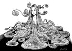  1girl absurdly_long_hair blank_eyes breasts cleavage closed_mouth greyscale highres itou_junji long_hair looking_at_viewer monochrome nude original signature simple_background solo very_long_hair white_background 