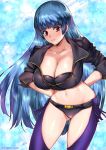  1girl arms_behind_back blue_background blue_hair breasts cleavage highres jacket kula_diamond large_breasts long_hair looking_at_viewer oyaman purple_eyes simple_background smile snk_heroines:_tag_team_frenzy the_king_of_fighters 