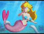  2020 5_fingers big_breasts blonde_hair blue_eyes breasts crown detailed_background ear_piercing eyelashes female fin fingers front_view hair hi_res jewelry legless light_scales light_skin lips long_hair looking_back marine mario_bros merfolk motion_lines navel nintendo pale_skin piercing pink_body pink_scales princess_peach royalty scales seashell_bra solo_focus somescrub suction_cup surprise swimming tail_fin tan_body tan_skin tentacles thick_lips underwater video_games water wide_hips 