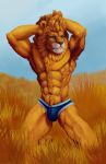  abs anthro biceps blue_eyes body_hair bulge chest_tuft clothed clothing felid feline front_view fur hair hi_res jockstrap kneeling lion male mammal mane momamo muscular muscular_male orange_body orange_fur pantherine partially_clothed pubes solo topless tuft underwear 