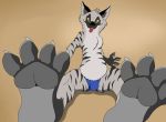  2019 4_fingers 4_toes anthro bulge clothing fingers foot_focus hyaenid looking_at_viewer male mammal pawpads plantigrade sitting smile solo toes tongue tongue_out underwear vegabone 