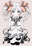  amezawa_koma blush bow copyright_request cropped_legs dress hair_bow hands_on_own_face highres long_hair looking_at_viewer monochrome open_mouth orange_bow pink_eyes ribbon sailor_collar school_uniform sleeves_past_wrists spot_color thighhighs thighs twintails zettai_ryouiki 