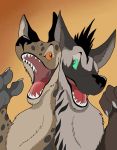  2019 ambiguous_gender duo fur gradient_background green_eyes green_sclera hyaenid looking_at_another mammal open_mouth orange_sclera pawpads sharp_teeth simple_background spots spotted_body spotted_fur spotted_hyena striped_hyena teeth vegabone yellow_eyes 