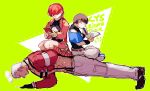  1girl 2boys bangs breasts chris_(kof) cleavage covered_eyes exercise multiple_boys nanakase_yashiro push-ups red_hair shermie sitting sitting_on_person suspenders sweat the_king_of_fighters white_hair y56766824 