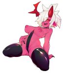  absurd_res areola big_breasts breasts clothed clothing demon female hair hi_res horn horned_humanoid humanoid humanoid_pointy_ears legwear looking_at_viewer nipples not_furry open_mouth pink_body pink_skin red_eyes simple_background slugbox solo thick_thighs thigh_highs tied_hair white_background white_hair yellow_sclera 