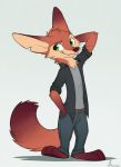  2020 anthro aseethe belt brown_body brown_fur canid canine cheek_tuft chest_tuft clothed clothing cute_fangs facial_tuft fox fully_clothed fur green_eyes head_tuft male mammal neck_tuft notched_ear pointedfox_(character) simple_background smile solo standing tuft whiskers 
