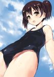  1girl black_hair black_swimsuit brown_eyes cloud from_below groin highres jiji one-piece_swimsuit open_mouth original outdoors short_hair sky solo swimsuit thighs twintails 
