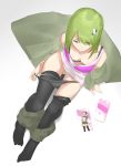  1girl black_legwear black_panties breasts cellphone character_request cleavage collarbone downblouse green_eyes green_hair green_shorts hair_between_eyes hair_ornament hairclip long_hair original panties panty_pull phone print_shirt pulled_by_self saruno_(eyesonly712) shiny shiny_hair shirt short_shorts shorts shorts_pull sitting sleeveless sleeveless_shirt small_breasts smartphone solo thigh_gap thighhighs underwear white_shirt zero_no_tsukaima 