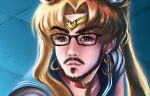  1boy bangs beard bishoujo_senshi_sailor_moon blonde_hair blue_sailor_collar brown_eyes choker collarbone commentary crescent crescent_earrings earrings eyebrows_visible_through_hair facial_hair german_commentary glasses goatee gregor_kartsios hair_over_shoulder heart heart_choker highres jewelry long_hair meme parted_bangs real_life red_choker sailor_collar sailor_moon sailor_moon_redraw_challenge sailor_senshi_uniform solo stephdoodle twintails upper_body 