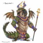  1:1 2020 anthro claws clothed clothing crocodilian digital_media_(artwork) dragon egyptian eye_of_horus green_body hair hi_res holding_object holding_staff horn jewelry male muscular muscular_male reptile scalie simple_background solo staff standing taran_fiddler teeth white_background wings 