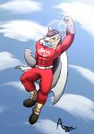  5_fingers abs anthro armadillo atmosfearo augensinum belt boots cape clothing costume digital_drawing_(artwork) digital_media_(artwork) fingers fist footwear gloves handwear hi_res lens_flare logo looking_at_viewer male mammal muscular raised_arm rodent shoes signature simple_background simple_shading sky smile solo superhero xenarthran 