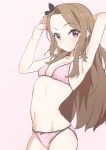  1girl arm_behind_head arm_up armpits blush bow bow_panties bra breasts brown_hair cowboy_shot eyebrows_visible_through_hair hairband highres idolmaster idolmaster_(classic) long_hair looking_at_viewer mammoth9878 minase_iori navel own_hands_together panties pink_bra pink_panties polka_dot polka_dot_bra polka_dot_panties red_eyes simple_background small_breasts solo underwear underwear_only 