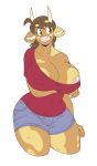  2020 anthro areola areola_slip big_breasts bottomwear bovid bovine breasts brown_body brown_eyes brown_fur brown_hair cattle cleavage clothed clothing eyebrows eyelashes female floppy_ears front_view fur hair hi_res holding_breast horn huge_breasts mammal molly_(slightlysimian) nipple_outline off_shoulder pink_nose portrait shirt shorts simple_background slightlysimian smile solo standing thick_eyebrows three-quarter_portrait topwear white_background 