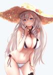  1girl algerie_(azur_lane) algerie_(white_sand_angel)_(azur_lane) amano_kusatsu ass_visible_through_thighs azur_lane bangle bare_shoulders blush bracelet breasts brown_headwear cleavage closed_mouth commentary_request detached_collar dress drill_hair flower grey_background hand_on_own_thigh hand_up hat hat_flower highres jewelry large_breasts leaning_forward long_hair looking_at_viewer navel purple_eyes red_flower red_rose rose silver_hair simple_background skindentation smile solo stomach straw_hat sun_hat very_long_hair white_dress yellow_flower yellow_rose 