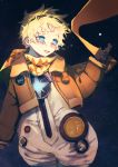  1boy absurdres baggy_clothes bangs blonde_hair blue_eyes bright_pupils crying crying_with_eyes_open eyebrows_visible_through_hair fate/grand_order fate/requiem fate_(series) gloves glowing goggles goggles_on_head highres male_focus parted_bangs sky smile sobbing solo space spacesuit star_(sky) starry_background starry_sky tears upper_body user_smjs4288 voyager_(fate/requiem) 