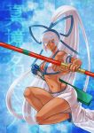  1girl arrow_(projectile) artist_request bandage_over_one_eye bangs blue_eyes blunt_bangs bow_(weapon) breasts cleavage closed_mouth dark_skin hair_ribbon long_hair looking_at_viewer majikina_mina medium_breasts ponytail quiver revealing_clothes ribbon samurai_spirits sarong side-tie_skirt sideboob snk solo squatting very_long_hair weapon white_hair white_sarong 