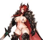  1girl bikini breasts cape cleavage fur_trim gauntlets greaves holding holding_sword holding_weapon horns large_breasts long_hair navel nbo original red_hair simple_background smile solo swimsuit sword thighhighs weapon white_background white_bikini 